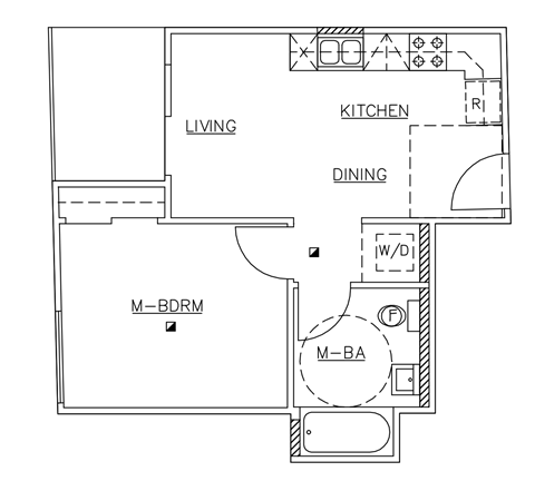 A floor plan of a house with a living room, kitchen, dining room, and bathrooms.